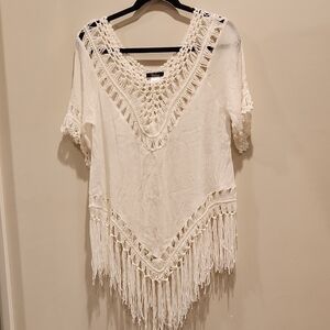 ViVID White Asymmetrical Embellished Cover Up Tunic
